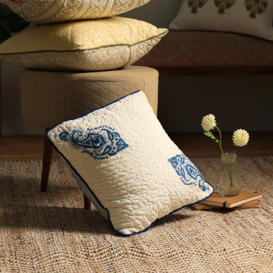 Indigo Paisley Motif Cushion Cover with Embroidery