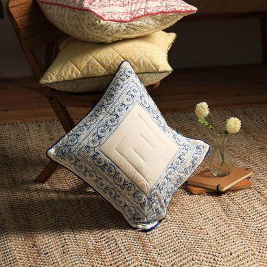 Floral Indigo Bordered Cushion Cover with Embroidery