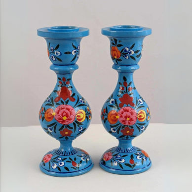 Handcrafted Wooden Candlesticks - Blue