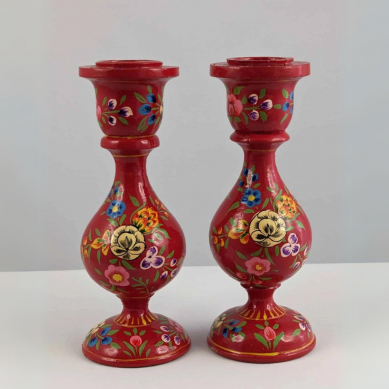 Handcrafted Wooden Candlesticks - Red