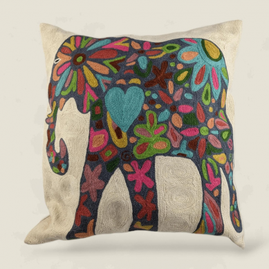 Hand Embroidered Cotton Cushion Cover - Floral Elephant