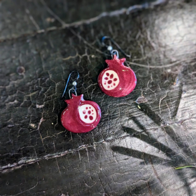 Pomegranate Earrings, Handpainted Ceramic Dangle Earrings