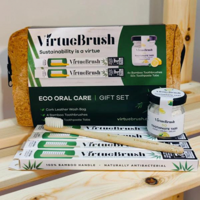 Oral Care Gift Set With 50 Lemon Toothpaste Tabs, 4 Bamboo Toothbrushes & Cork Leather Wash Bag