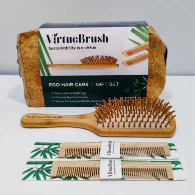 Hair Care Gift Set with Paddle Hairbrush, 2 Bamboo Combs & Cork Leather Wash Bag