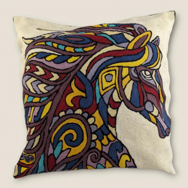 Hand Embroidered Cotton Cushion Cover - Multi Coloured Horse