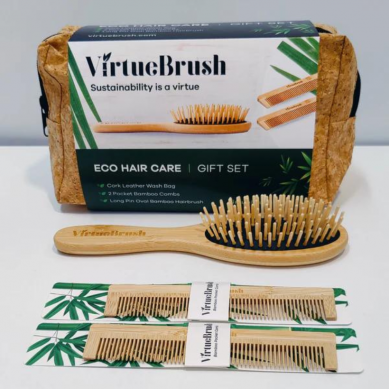 Hair Care Gift Set with Oval Hairbrush, 2 Bamboo Combs & Cork Leather Wash Bag