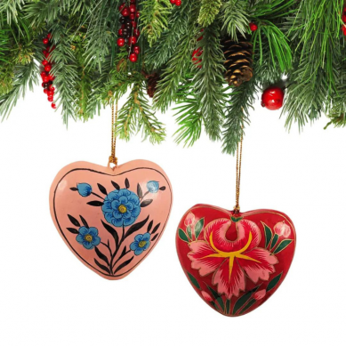 Christmas Heart-shaped Baubles - Papier Mache